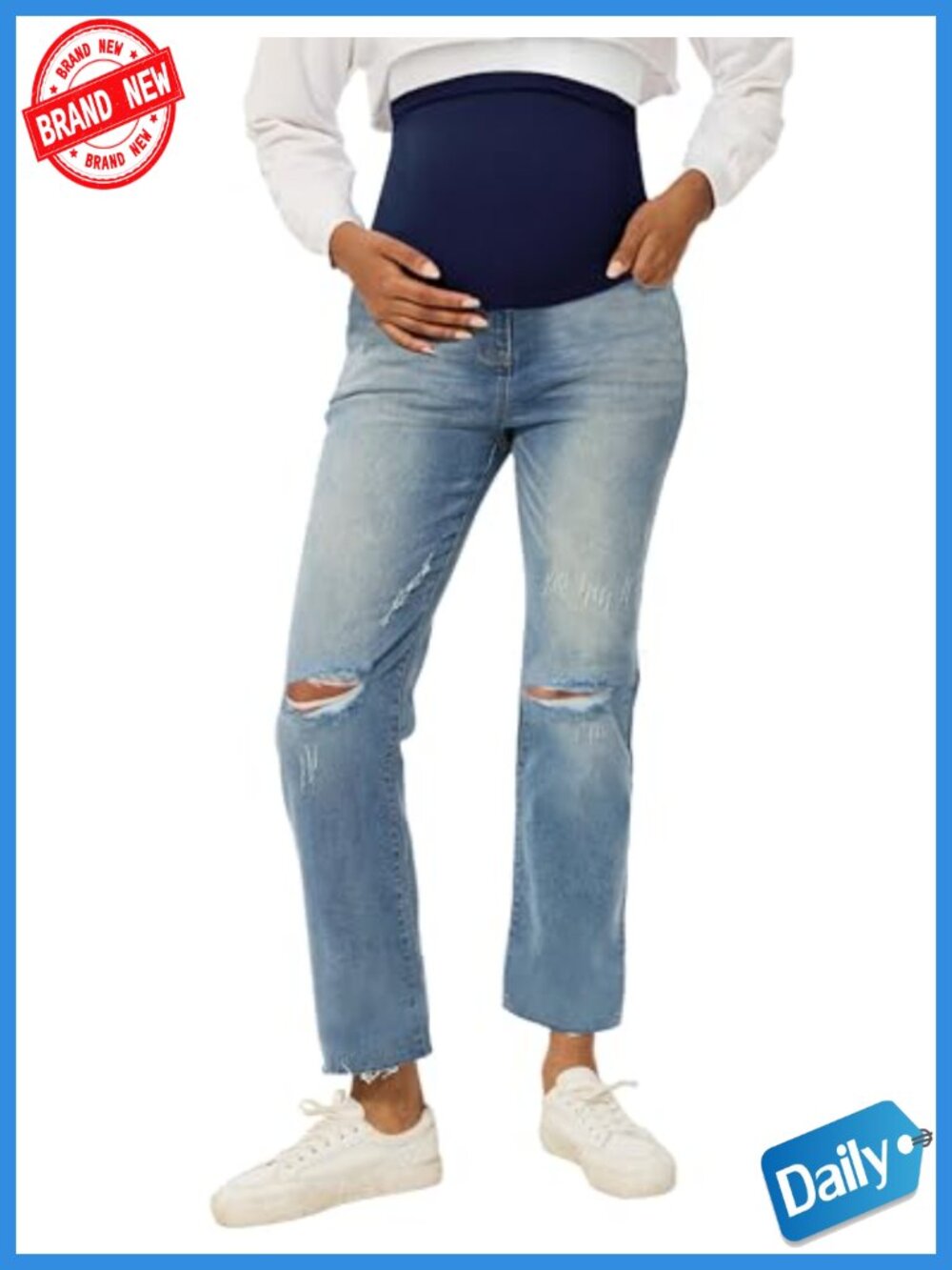 Maternity Ripped Straight Leg Jeans with Over-Belly Panel, Cotton Blend Stretch